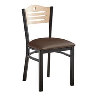 Lancaster Table & Seating Black Finish Side Chair with Dark Brown Vinyl Seat and Natural Wood Back