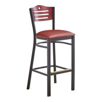 Lancaster Table & Seating Black Finish Side Bar Stool with Burgundy Vinyl Seat and Mahogany Wood Back - Assembled