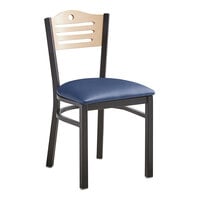 Lancaster Table & Seating Black Finish Side Chair with Navy Vinyl Seat and Natural Wood Back