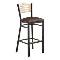 Lancaster Table & Seating Black Finish Side Bar Stool with Dark Brown Vinyl Seat and Natural Wood Back