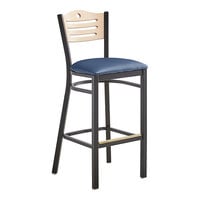 Lancaster Table & Seating Black Finish Side Bar Stool with Navy Vinyl Seat and Natural Wood Back