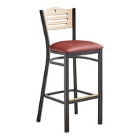 Lancaster Table & Seating Black Finish Side Bar Stool with Burgundy Vinyl Seat and Natural Wood Back
