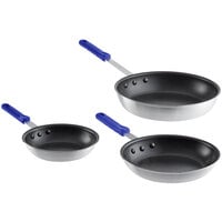 Choice 3-Piece Aluminum Non-Stick Fry Pan Set with Blue Silicone Handles - 8", 10", and 12" Frying Pans