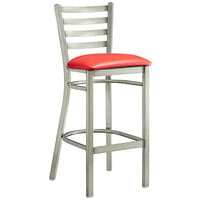 Lancaster Table & Seating Clear Coat Finish Ladder Back Bar Stool with 2 1/2" Red Vinyl Padded Seat