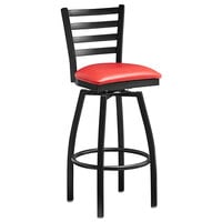 Lancaster Table & Seating Black Finish Ladder Back Swivel Bar Stool with 2 1/2" Red Vinyl Padded Seat