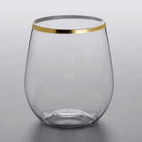 Visions 12 oz. Heavy Weight Clear Plastic Stemless Wine Glass with Gold Rim - 16/Pack