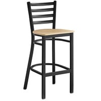 Lancaster Table & Seating Black Finish Ladder Back Bar Stool with Natural Wood Seat - Detached