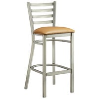 Lancaster Table & Seating Clear Coat Finish Ladder Back Bar Stool with 2 1/2" Light Brown Vinyl Padded Seat