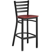 Lancaster Table & Seating Black Finish Ladder Back Bar Stool with Mahogany Wood Seat - Detached