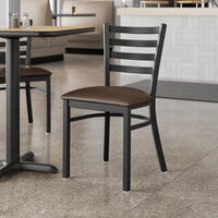 Lancaster Table & Seating Black Finish Ladder Back Chair with 2 1/2 inch Dark Brown Vinyl Padded Seat - Detached