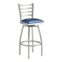 Lancaster Table & Seating Clear Coat Finish Ladder Back Swivel Bar Stool with 2 1/2" Navy Vinyl Padded Seat