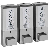Dispenser Amenities 87344-PAYA iQon 39 oz. Chrome Wall Mounted 3-Chamber Locking Shower Dispenser with Satin Silver Bottles and Paya Logo