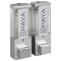 Dispenser Amenities 86234-PAYA iQon 26 oz. Satin Silver Wall Mounted 2-Chamber Locking Shower Dispenser with Translucent Bottles and Paya Logo