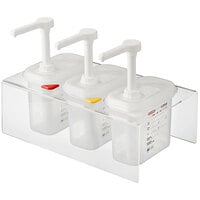 Araven 01363 4.5 Qt. Translucent Condiment Pump Dispenser and Clear Holder with (3) 1 oz. Pumps and Airtight Lids