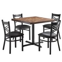 Lancaster Table & Seating 36" Square Standard Height Wood Butcher Block Table with 4 Black Cross Back Chairs - Vintage