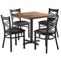 Lancaster Table & Seating 30" Square Standard Height Wood Butcher Block Table with 4 Black Cross Back Chairs - Vintage