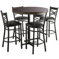 Lancaster Table & Seating 30" Round Bar Height Wood Butcher Block Table with 4 Cross Back Chairs - Espresso