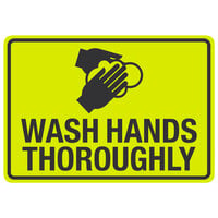 "Wash Hands Thoroughly" Engineer Grade Reflective Black / Yellow Decal with Symbol 
