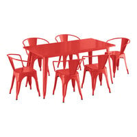Lancaster Table & Seating Alloy Series 63" x 31 1/2" Ruby Red Standard Height Outdoor Table with 6 Arm Chairs