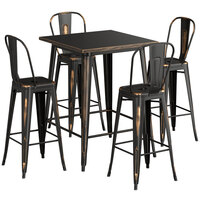 Lancaster Table & Seating Alloy Series 31 1/2 inch x 31 1/2 inch Distressed Copper Bar Height Outdoor Table with 4 Cafe Barstools
