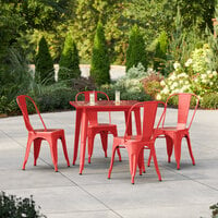 Lancaster Table & Seating Alloy Series 31 1/2 inch x 31 1/2 inch Ruby Red Standard Height Outdoor Table with 4 Cafe Chairs