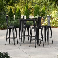Lancaster Table & Seating Alloy Series 31 1/2 inch x 31 1/2 inch Distressed Black Bar Height Outdoor Table with 4 Cafe Barstools