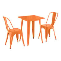 Lancaster Table & Seating Alloy Series 23 1/2" x 23 1/2" Orange Standard Height Outdoor Table with 2 Cafe Chairs