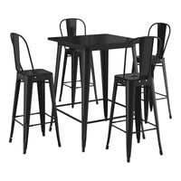 Lancaster Table & Seating Alloy Series 31 1/2" x 31 1/2" Onyx Black Bar Height Outdoor Table with 4 Cafe Barstools