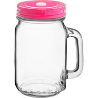 Acopa Rustic Charm 16 oz. Drinking Jar with Handle and Pink Metal Lid with Straw Hole - 12/Case