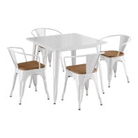 Lancaster Table & Seating Alloy Series 36" x 36" White Standard Height Indoor Table and 4 Arm Chairs with Walnut Wood Seats