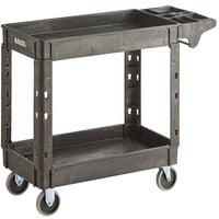 Lavex Medium Black 2-Shelf Utility Cart with Premium Handle and Built-In Tool Compartments - 40 11/16" x 16 7/8" x 33 1/2"