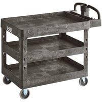 Lavex Large Black 3-Shelf Utility Cart with Ergonomic Handle and Built-In Tool Compartments - 43 1/8" x 24 5/8" x 38 1/8"
