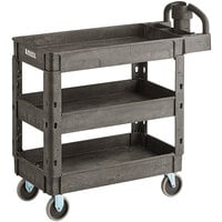 Lavex Medium Black 3-Shelf Utility Cart with Ergonomic Handle and Built-In Tool Compartments - 37 5/8" x 17 1/8" x 38 7/8"