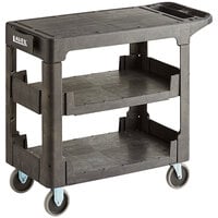 Lavex Medium Black 3-Shelf Utility Cart with Flat Top and Built-In Tool Compartment - 38" x 18 3/4" x 32 1/4"