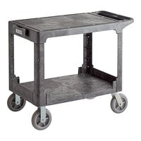 Lavex Large Black 2-Shelf Utility Cart with Flat Top, Built-In Tool Compartment, and Oversized Wheels