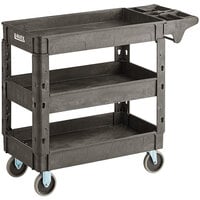 Lavex Medium Black 3-Shelf Utility Cart with Premium Handle and Built-In Tool Compartments - 40 11/16" x 16 7/8" x 33 1/2"