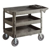 Lavex Large Black 3-Shelf Utility Cart with Premium Handle, Built-In Tool Compartments, and Oversized Wheels - 46 3/4" x 25 1/2" x 33 1/2"