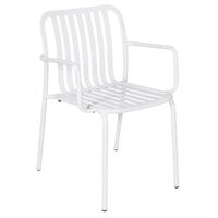 BFM Seating Key West White Vertical Slat Powder Coated Aluminum Stackable Outdoor / Indoor Arm Chair