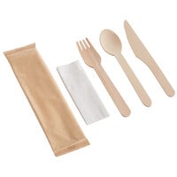 TreeVive by EcoChoice 6 1/4" Compostable Wrapped Wooden Cutlery Set with Napkin - 100/Pack