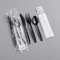 Visions Heavy Weight Black Wrapped Plastic Cutlery Pack with Napkin and Salt and Pepper Packets - 500/Case