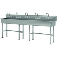 Advance Tabco FS-FM-100-F 14-Gauge Stainless Steel Multi-Station Hand Sink with Tubular Legs, 8" Deep Bowl, and 5 Manual Faucets - 100" x 19 1/2"