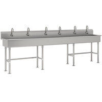 Advance Tabco FS-FM-120EF 14-Gauge Stainless Steel Multi-Station Hand Sink with Tubular Legs, 8" Deep Bowl, and 6 Electronic Faucets - 120" x 19 1/2"