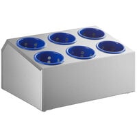 Choice Six Hole Stainless Steel Flatware Organizer with Blue Perforated Plastic Cylinders