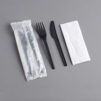 EcoChoice Wrapped Heavy Weight 6 1/2" Black CPLA Knife, Fork, and Napkin - 250/Case