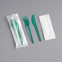 EcoChoice Wrapped Heavy Weight 6 1/2" Green CPLA Knife, Fork, and Napkin - 250/Case