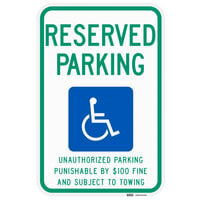 Lavex "Handicapped Reserved Parking / Unauthorized Parking Punishable" Reflective Green / Blue Aluminum Sign - 12" x 18"