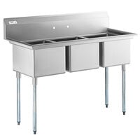 Regency 63 inch 16 Gauge Stainless Steel Three Compartment Commercial Sink with Galvanized Steel Legs - 18 inch x 18 inch x 14 inch Bowls