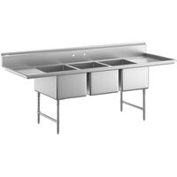 Regency 104" 16 Gauge Stainless Steel Three Compartment Commercial Sink with Stainless Steel Legs, Cross Bracing, and 2 Drainboards - 20" x 30" x 14" Bowls