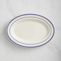 Acopa 11 5/8" x 8" Ivory (American White) Wide Rim Stoneware Platter with Blue Bands - 12/Case