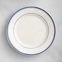Acopa 7 1/8" Ivory (American White) Stoneware Wide Rim Plate with Blue Bands - 36/Case